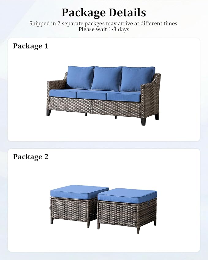 Outdoor Furniture Set of 3, Patio Furniture Sofa and Ottomans, High Back&Deep Seat for Garden Deck Porch Balcony Backyard - Blue