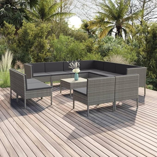 12 Piece Patio Lounge Set with Cushions,Patio Sofa,Outdoor Daybed,Outdoor Furniture Sets,Patio Seating,Patio Conversation Sets,Modern Set,Patio Furniture Set,Front Porch Furniture, Poly Rattan Gray