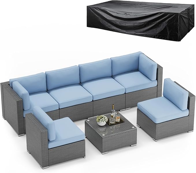 SUNCROWN Outdoor Patio Furniture Set 7 Piece Outdoor Sectional Sofa Grey Wicker Conversation Sofa Set with Coffee Table, Cushions and Waterproof Cover,Light Blue