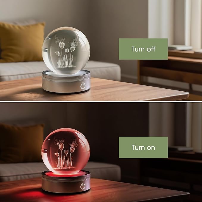 L LOHAS LED 3D Crystal Ball Night Light-Laser Engraved Floral with Silver Base, RGB 4-Color Changing Touch Control Decor Night Light,USB Plug-in & Battery Powered,as a Gift for Girls & Wife