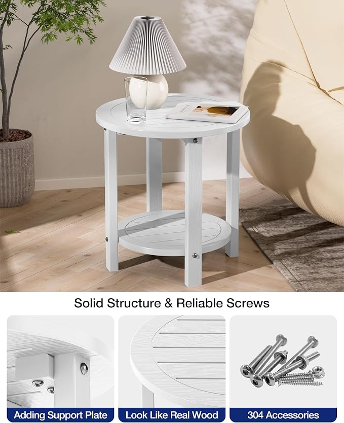 YEFU Outdoor Side Table for Patio: 16in HIPS Small Round Outdoor End Table - 2-Tier Adirondack Tables for Porch Patio Yard Poolside Living Room Beach Bedroom (White, 2 Pack)