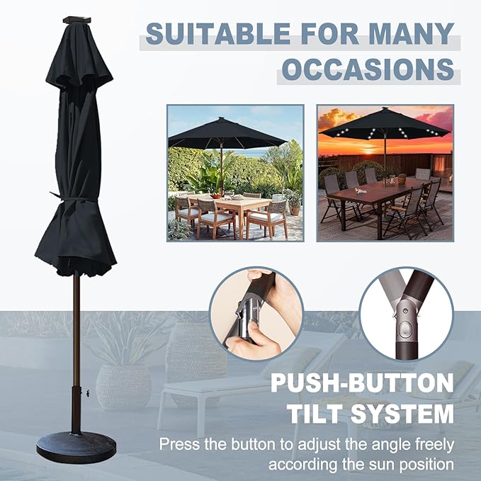EliteShade USA 10-Year-Non-Fading 10ft Market Patio Umbrella, Commercial Grade Table Sun Umbrella with 80 Solar LED Lights, Crank Open, Windproof & UPF 50+ UV Protection for Garden, Deck, Pool, Backyard, Black