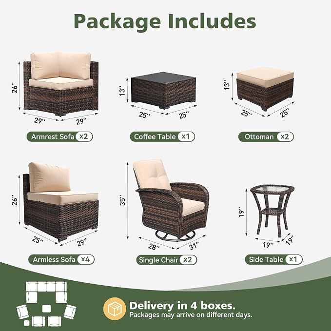 Aoxun 12 Piece Outdoor Patio Furniture Set with Coffee Table, Wicker Rattan Outdoor Furniture with High Back Swivel Rocker Chairs, Outdoor Conversation Set with Thick Cushion & Ottoman, Beige