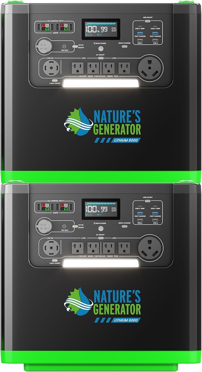 Natures Generator 2 Packs 3840Wh Solar Generator + 50A Manual Transfer Switch, Lithium Batteries, 6000W Power Station for Home Backup, RVs, Emergencies, Power Outages, and Outdoor Camping