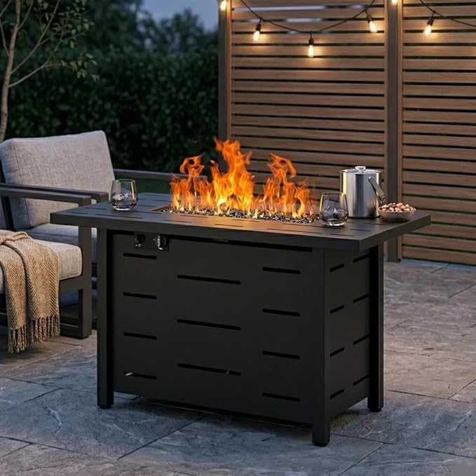 JAMFLY 4-Piece Patio Furniture Set with 43" Propane Fire Pit Table, Blue | All-Weather PE Wicker Sectional Sofa, Outdoor Conversation Set for Garden, Backyard & Deck