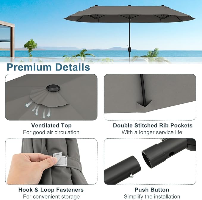 Giantex Patio Umbrella with Base, Double-Sided Outdoor Umbrella with Crank Handle, Umbrella Base Stand with 2 Sandbags, 12 Metal Ribs, Market Umbrellas for Garden Poolside Deck