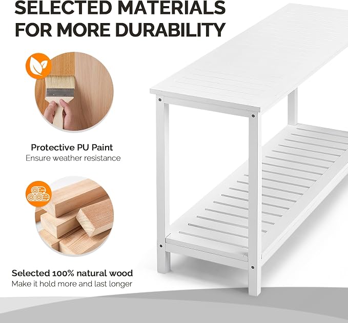 VINGLI 49in Solid Wood Outdoor Console Table, 2-Tier Patio Buffet Bar Table, Multi-Functional Storage Sideboard for Garden, Porch, Balcony (White)