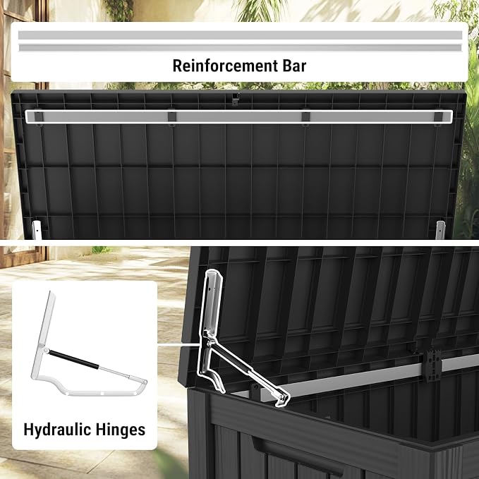 Mars Villa 150 Gallon Outdoor Storage Box, Large Resin Deck Box Waterproof, for Pool Supply Storage, Outdoor Patio Furniture Cushion, with Hydraulic Hinge, UV-Resistant and Weatherproof, Black