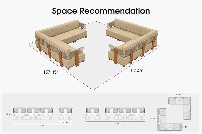 PURPLE LEAF Patio Furniture Set Modular L-Shaped Outdoor Sectional Sofa with 11" Thick Olefin Cushion 10-Piece Outdoor Conversation Set with White Lights for Patio Backyard Garden Poolside, Beige