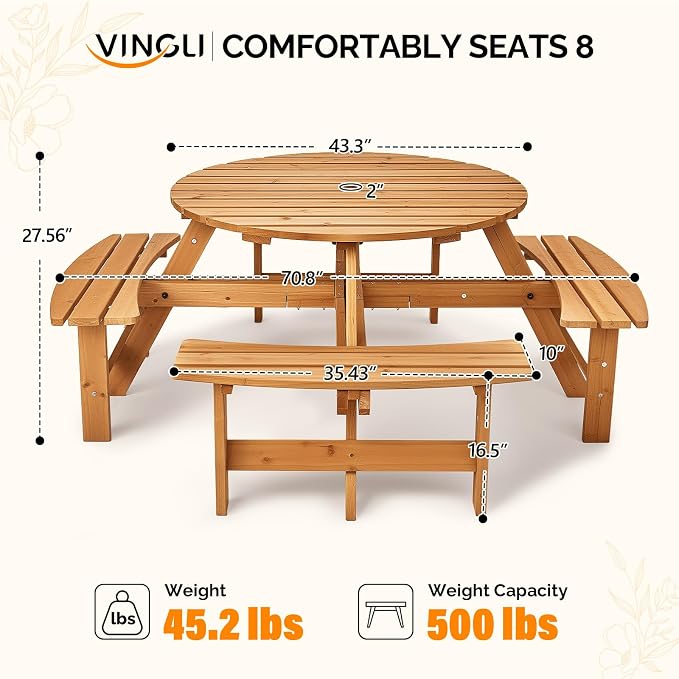 VINGLI 8-Person Wood Picnic Table Outdoor Round Picnic Table with Umbrella Hole and 4 Built-in Benches, Outdoor Dining Tables and Chairs 500 LBS Bench Capacity (Natural, Round)