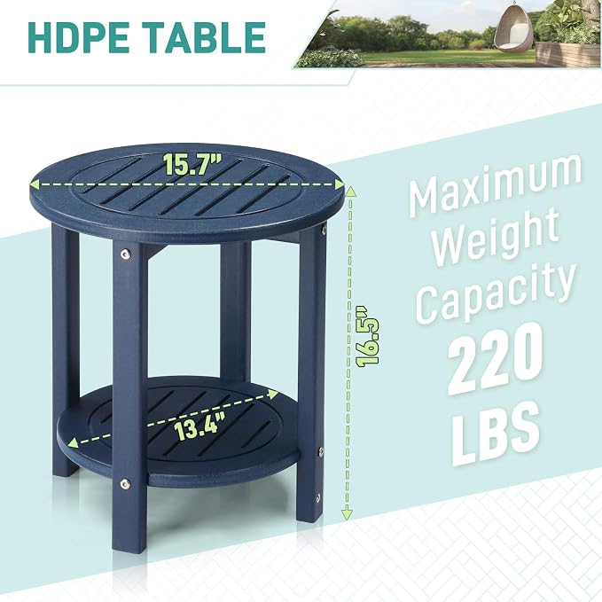 HDPE Adirondack Weather Resistant Square Side Table for Patio, Backyard, Pool, Indoor, Beach Use, Easy Maintenance (Round, Blue)
