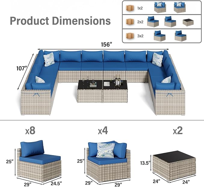 14-Piece Gray Rattan Patio Furniture Sets, Outdoor Conversation Sofa Sets with Water Resistant Blue Cushions & Tempered Glass Coffee Table, Modular Outdoor Sectional Sofa Sets with 2 Pillows
