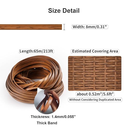 Feyart PE Rattan Strip for Outdoor Rattan Furniture Repair, 8mm Plastic Wicker for Patio Furniture Restore, 500g/65m Long (Dark Brown)