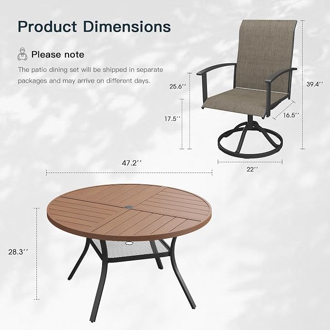 VICLLAX 5 Pieces Patio Outdoor Dining Set, 4 Swivel Textilene Chairs and 47.2" Round Metal Table with Umbrella Hole for Porch, Deck, Garden, Walnut/Brown