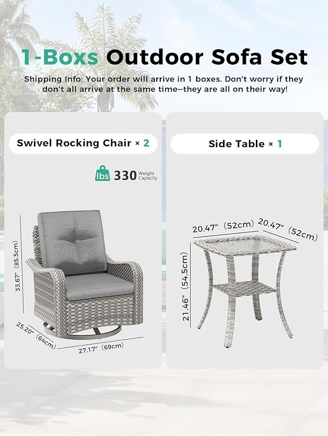 3 Piece Outdoor Wicker Patio Furniture Set,High Back Swivel Rocker Patio Chairs with 4" Thickened Cushions & Side Table, All-Weather PE Rattan for Garden, Backyard, Porch, Grey