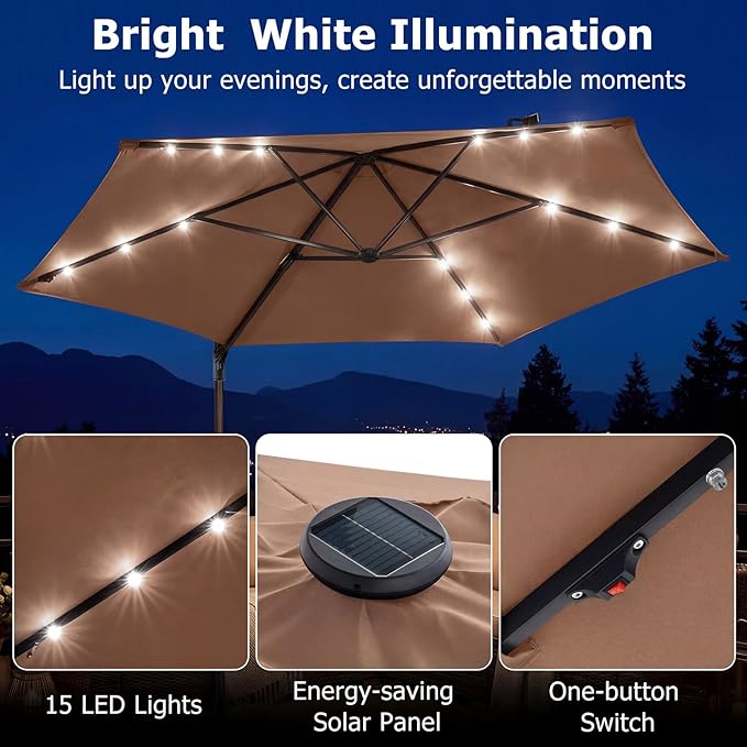 Tangkula 10ft Patio Umbrella with Solar Lights, Offset Cantilever Outdoor Umbrella with LED Lights, 360 Degree Rotation, Air Vent for Pool Deck Garden Backyard (Tan)