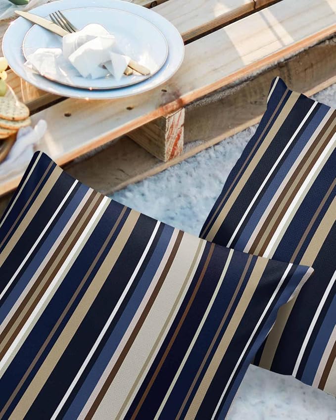 Outdoor Waterproof Pillow Covers for Patio Simple Stripe Decorative Throw Pillow Cover Blue And Brown Geometric Pattern Pillowcases Set of 2 Cushion Case for Sofa Couch Chair Home Decor 16x16 inch