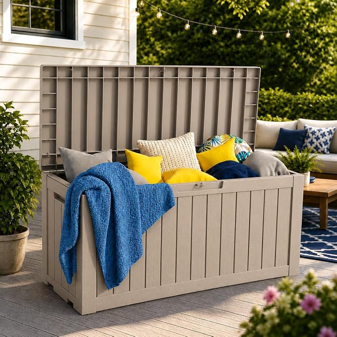LAUSAINT HOME 180 Gallon XXL Outdoor Deck Box, Waterproof Resin Storage Box Bench with Lock, Large Patio Cushion Storage, Garden Tool Organizer, Pool Storage Container, 3-Person Seat, Light Brown