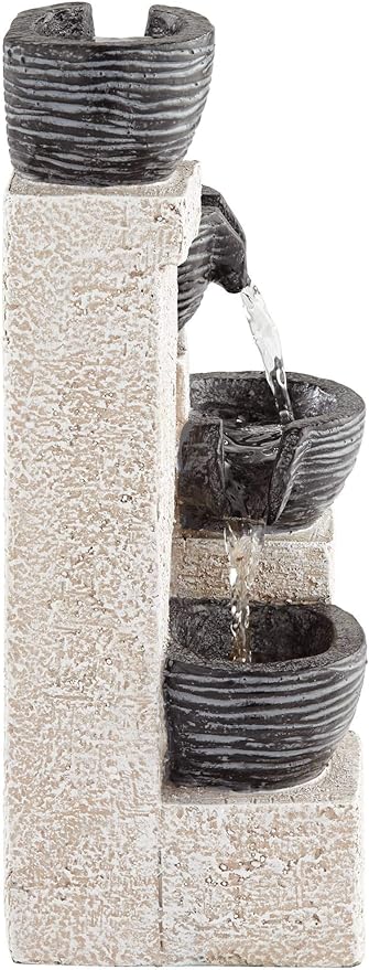 Four Cup 11" High Small Zen Modern Indoor Outdoor Decor Gray Faux Stone Tabletop Fountain with Light LED Waterfall Cascading Bowl Water Feature for Outside Garden Patio Yard Desk - John Timberland