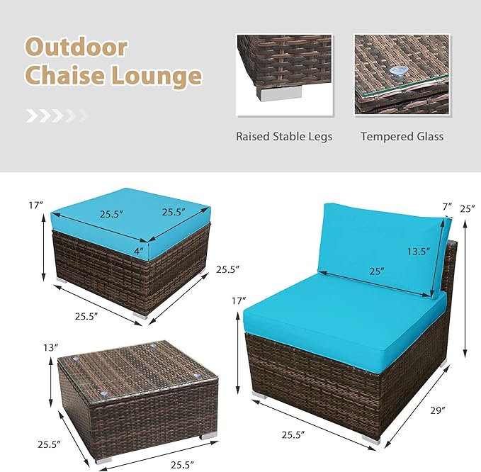HAPPYGRILL 5-Pieces Patio Lounge Chair Outdoor Rattan Wicker Furniture Sofa Ottoman Set with Tempered Glass Table Top & Washable Zippered Cushions