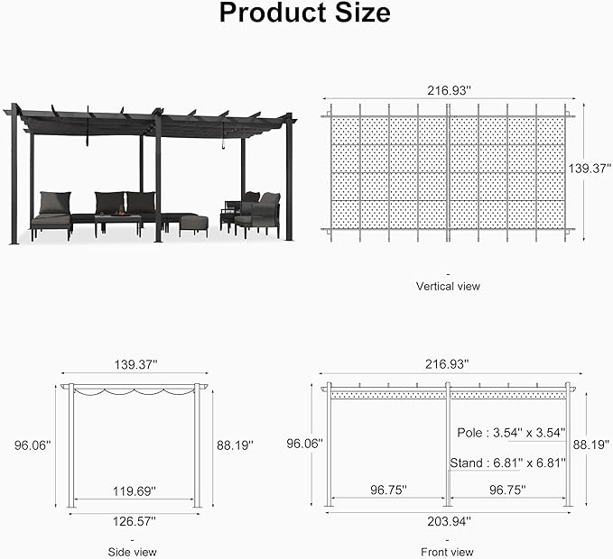 PURPLE LEAF 12' X 18' Outdoor Pergola with Retractable Canopy Aluminum Shelter for Porch Garden Sun Shade Beach Pavilion Grape Trellis Grill Gazebo Modern Backyard Deck Metal Patio Pergola Gray