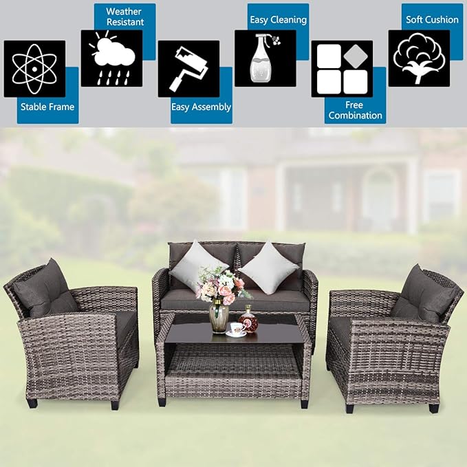 Tangkula 4 PCS Patio Wicker Conversation Furniture Set, Outdoor Rattan Sofa Set with Padded Cushion & Tempered Glass Coffee Table, Wicker Sectional Sofas & Table for Courtyard Balcony Garden (1, Grey)
