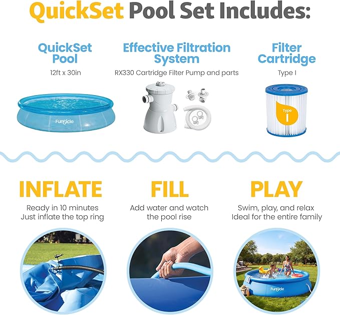 Funsicle Sea Thru Quickset Round Inflatable Ring Top Outdoor Above Ground Swimming Pool Set with Pump and Cartridge Filter for Outdoor Use, Blue