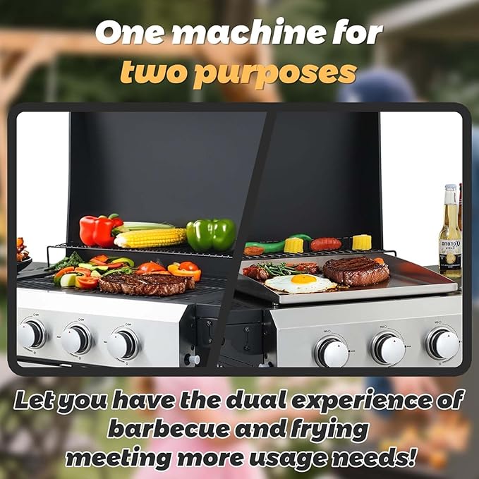 3 Burner BBQ Propane Gas Grill with Plancha Griddle, Stainless Steel Patio Garden Barbecue Grill with Two Side Shelves,36,900 BTU Outdoor Barbecue Cooking with Top Cover Lid