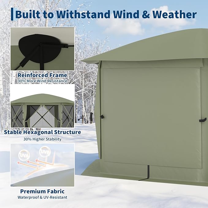 GarveeLife 13x13FT 6-Sided Pop Up Gazebo Tent，One-Push Setup Canopy Tent with Removable Canopy Top & Wind Cloths, Outdoor shelter for Camping, Backyard Parties, Outdoor Events - Army Green