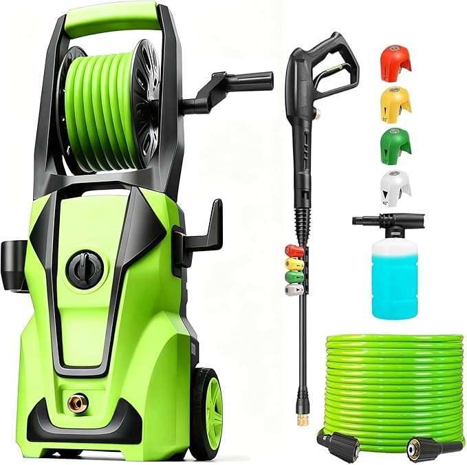 Electric Pressure Washer Adjustable 5000PSI 4.0 GPM High Power Washers with 33ft Hose Reel, 4 Nozzle and Foam Cannon, Power Washers Machine for Home, Cars, Patio (Green)