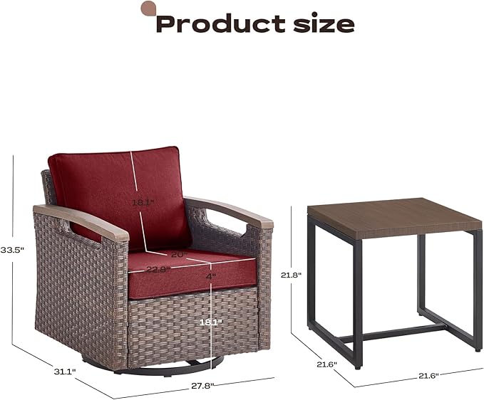 Rilyson 6 Piece Outdoor Patio Swivel Rocking Chairs, All Weather Wicker, Metal Armrest, Deep Seating, Thick Cushions, Side Table, Ideal for Deck Porch Backyard, Brown/Red