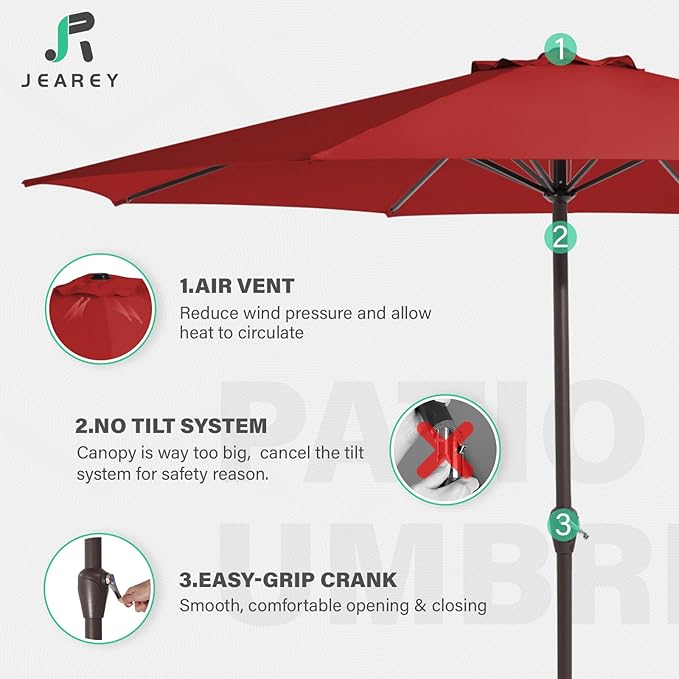 JEAREY 12' Patio Umbrellas Outdoor Table Market Umbrella w/Crank, 8 Sturdy Ribs, UV Protection Windproof for Garden, Deck, Backyard, Pool(Red)