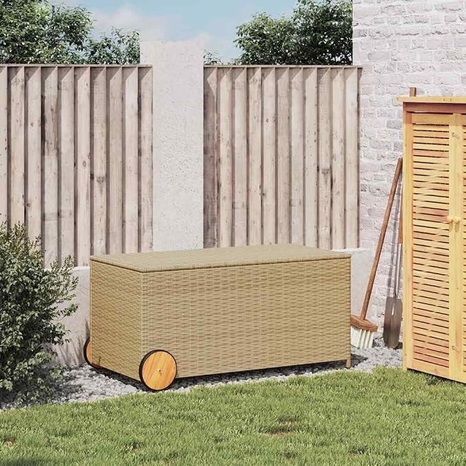 Mix Beige 50.2 Gal Poly Rattan Garden Storage Box with Wheels, Outdoor Patio Storage for Cushions Pillows Blankets, Waterproof Inner Bag and Gas Spring Lid