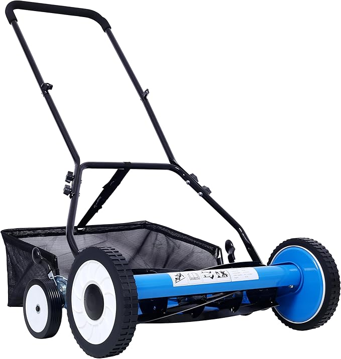 20-Inch 5-Blade Push Reel Lawn Mower with Grass Catcher, Adjustable Blade Height (Blue/20-Inch)
