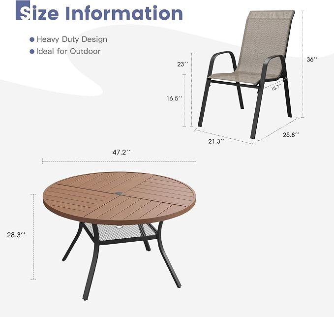 VICLLAX Round Outdoor Patio Dining Set for 6, Metal Slatted Patio Table with Umbrella Hole and 6 Stackable Patio Chairs for Deck Lawn Garden, Brown Fabric and Walnut Tabletop