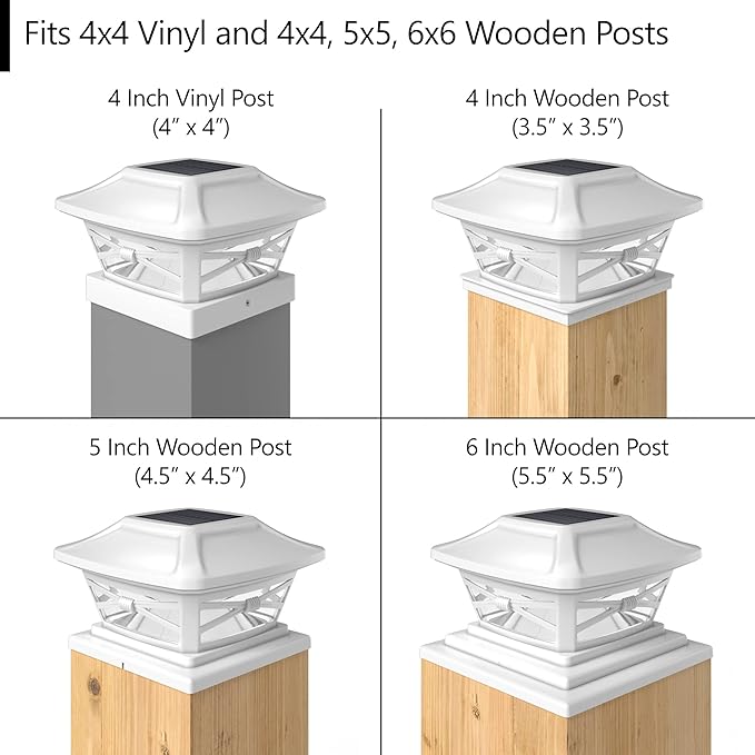 Davinci Renaissance Solar Outdoor Post Cap Lights, 4x4 5x5 6x6, Bright, 8PK | Pearl White, fence/deck/garden/patio posts, UV fade-protected plastic, auto-on, 7-8h runtime, cordless, IP44, 25lm warm white