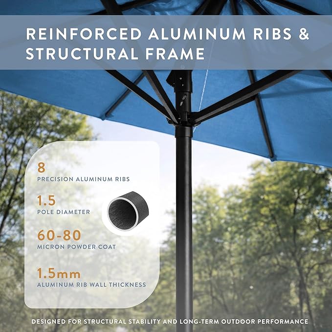 California Umbrella 8-Year Protection 9 Ft Outdoor Patio Umbrella, Solstice Fade-Resistant Fabric, Auto-Tilt, Heavy Duty Aluminum Frame, 8 Reinforced Ribs for Pool or Deck, Black Pole, Frost Blue