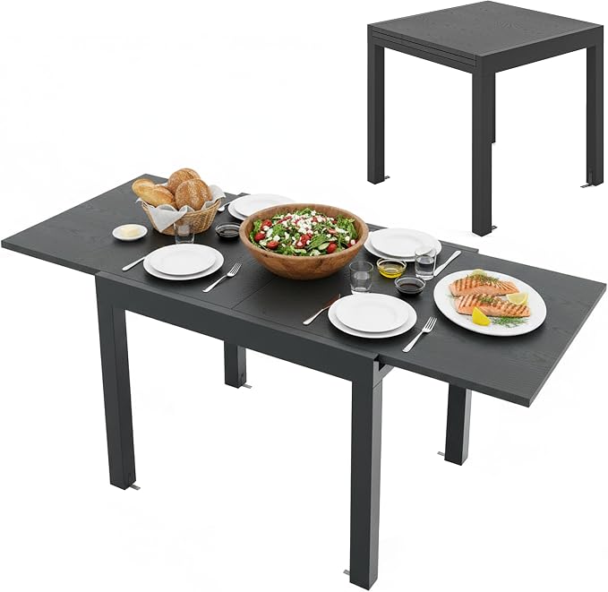 Tangkula 31.5"-63" Extendable Patio Dining Table, Aluminum Adjustable Outdoor Dining Table for 4-6 People, L-Shaped Brace Included for Fixation, Space-Saving Outside Table for Garden, Porch, Poolside