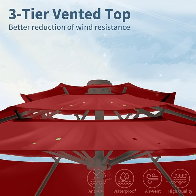 9FT 3 Tiers Patio Umbrella With Auto Tilt And Crank, Outdoor Table Market Umbrella with 8 Sturdy Ribs for Garden, Lawn, Deck, Backyard and Pool