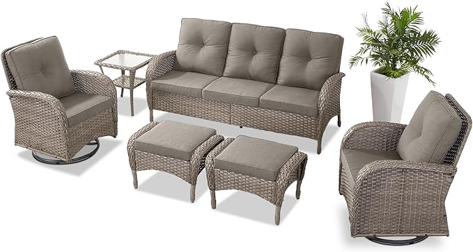 Belord 6 Pieces Wicker Patio Furniture Set - Swivel Rocker Outdoor Chairs with Outdoor Couch and Side Table, All-Weather Patio Conversation Set for Sunroom Deck Backyard