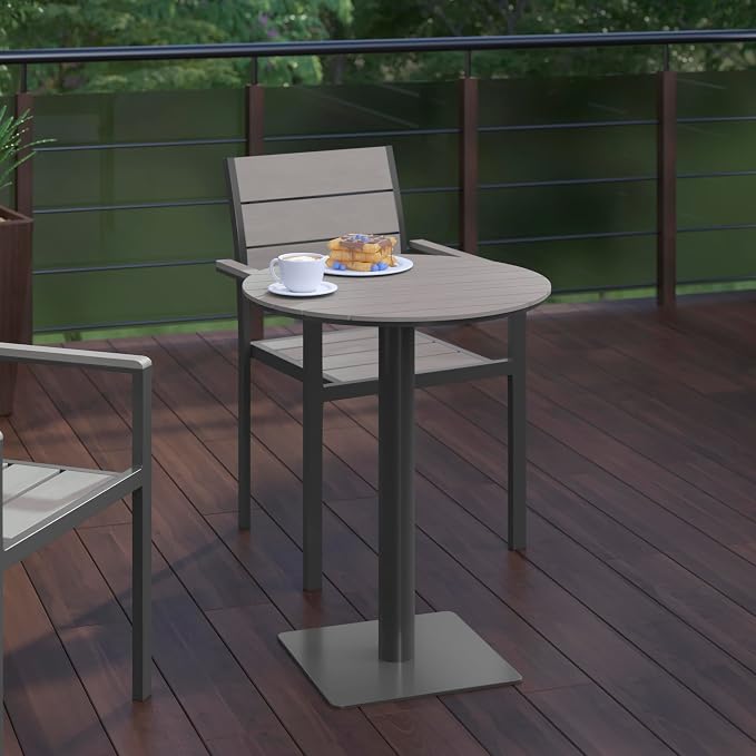 Flash Furniture Finch Commercial Grade Round 24" Table with Faux Teak Poly Slats and Steel Frame, Gray/Gray