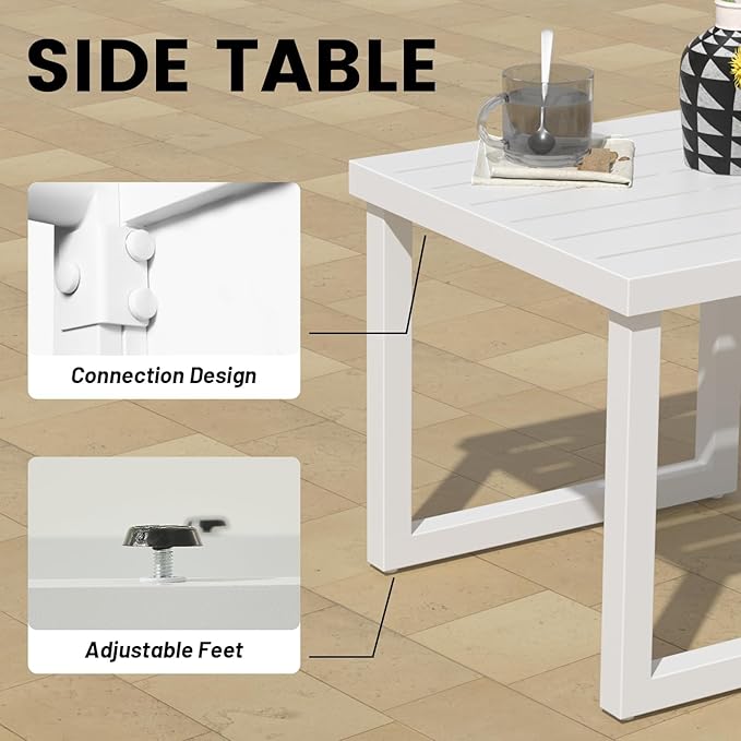 MBY Outdoor Aluminum Patio Furniture Set, 5-Seats Patio Conversation Sofa Set with 2 Coffee Tables, All Weather for Pool, Balcony, Garden-White