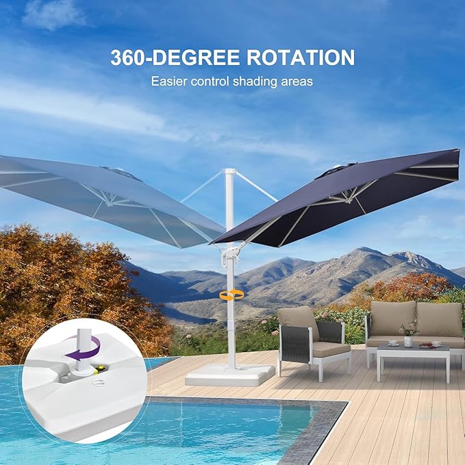 PURPLE LEAF 8 FT White Patio Umbrella With Base Outdoor Cantilever Umbrellas Square Offset Umbrella Windproof with 360° Rotation for Garden Deck Pool, Navy Blue