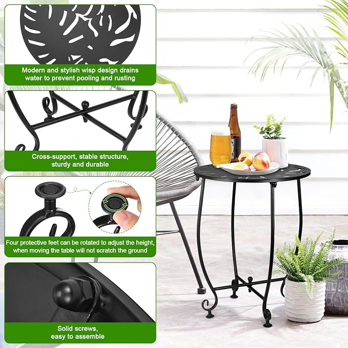 14 Inch Outdoor Metal Side Table, Weather Resistant Small Round End Table for Patio, Yard, Balcony, Garden - Plant Stand Outside (Color1-Turtle Leaf, Black)