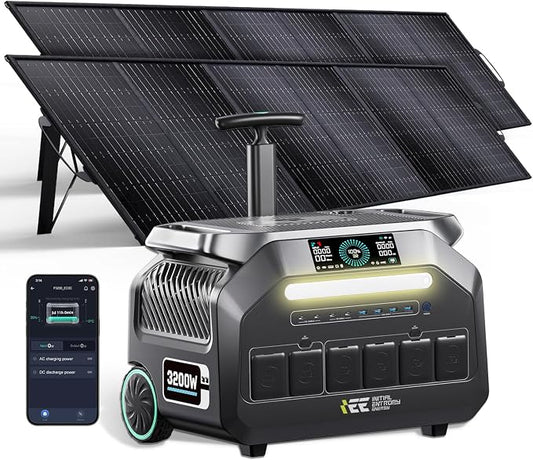IEE 3200W Portable Power Station P3200 with 2x500W Solar Panels, 2048Wh LiFePO4 Solar Generator, 1800W AC & 1000W Solar Charging, 14 Output Ports(6400W Peak), EPS, for Home Backup, Camping, Emergency