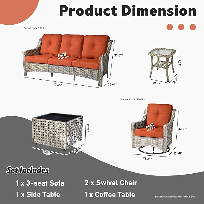 ovios 5 Piece Outdoor Patio Furniture with 3 Seat Sofa,Rattan Wicker Coversation Set with Swivel Rocking Chair,Balcony Sofa Set with Shiny Table for Outside Porch Backyard Pool, Orange