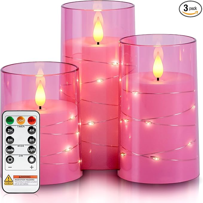 Homemory Flameless Pink Candles with Embedded Star String Fairy Lights, Battery Operated Candles, LED Candle, Fake Candles with Remote Control and Timer, Set of 3(H 4" 5" 6”)