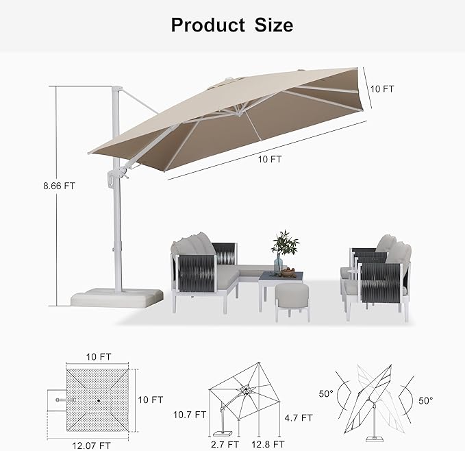 PURPLE LEAF 10 FT Right-left Tilt White Cantilever Umbrella with Base Patio Outdoor Swivel Umbrellas with Aluminum Tilt Offset Umbrella with 360° Rotation for Deck Pool, Beige
