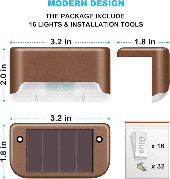 DenicMic 16 Pack Solar Deck Lights Outdoor Waterproof 4000K Warm White LED for Step Fence Patio Yard Stair Balcony Railling Outside Deck Lighting
