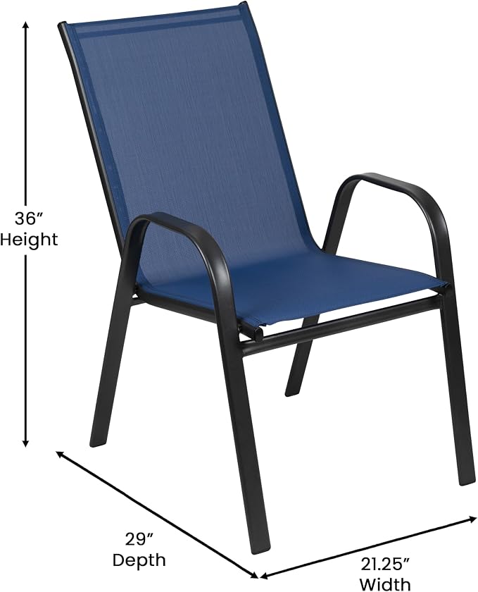 Merrick Lane Bardwell 7-Piece Outdoor Dining Table Set for 6, Glass Top Table with Hole for Umbrella, 6 Breathable Textilene Stackable Patio Chairs, Navy/Black